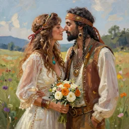 wedding in 1 9 7 0 hippie fashion, digital painting, ultradetailed, artstation, oil painting, ultradetailed, artstation
