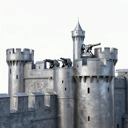 photo of a metal medieval castle with machines guns on top of the walls