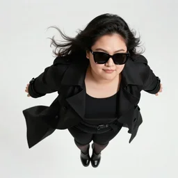 thick chubby filipina superhero, long black trench coat, sunglasses, sly grin, fully clothed, exaggerated perspective, flying toward camera, beautiful detailed face, bright blue hair, action pose, comic book style, highly detailed, dynamic shadows, dynamic lighting, bright colors, geoff johns, jason fabok, jason fabok, brad anderson, splash art