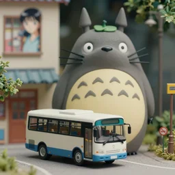 beautiful hyperrealism three point perspective film still of cat bus in driveway tiny home scene  in Totoro meets lloyd wright(1988) extreme closeup portrait in style of 1990s frontiers in translucent porclein miniature street photography seinen manga fashion edition, miniature porcelain model, focus on face, eye contact, tilt shift style scene background, soft lighting, Kodak Portra 400, cinematic style, telephoto