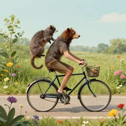 anamorphic animals riding a bike, flowers and plants along the way, lowbrow surrealistic, in the style of mark ryden,