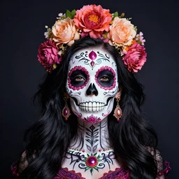 a beautiful fancy skull lady by dan mumford and gil elvgren, sugar skull, hyperrealism, intricate details, studio lighting, glamorous
