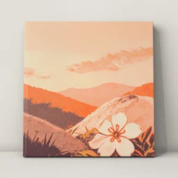 vintage color halftone photorealistic album artwork large colorful orange peach and one small blossom illustration, nostalgic high saturation, grainy film, neutral blank light grey background
