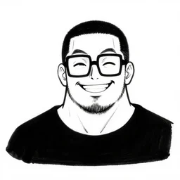 simple ink line drawing of a buff smiling man with long stubble, muscular neck, huge square glasses and a black bowl cut, wearing a black tshirt, b & w clean shaped illustration by kim jung gi, ron english and eiichiro oda