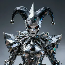 front shot of a court jester character ominous fractal hyper cubes platinum cracked dark future realistic metallic holography cryst edges intricate poly extraordinary detailed concept artstation sharp focus ray tracing cinematic masterpiece fine portrait