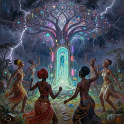 african women dancing around a glowing, energized, steampunk neon portal near the electric tree of life in a lightning storm, by alan kenny and android jones. oil on canvas, detailed and intricate environment, radiant lighting. highly detailed. masterpiece