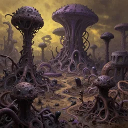 highly detailed matte painting of a weird cryptobiological tangled alien landscape by atey ghailan, by greg rutkowski, by greg tocchini, by james gilliard, by joe fenton, purple, brown, black and yellow color scheme, octane render