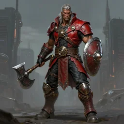 Full body Picture of a Tall Male barbarian, steampunk, black leahter gloves, red leather short coat, muscular, dark brown skin, detailed face, light grey hair, orange eyes, combat stance, black denim pants, intrincate clothing, hi-tech hatchet, metallic shield, urban fantasy, tech city in the background, D&D, by artgerm and Craig Mullins, Leng Jun, Frank Franzzeta, Mark Simonetti and Peter Morbacher, matte painting, trending on artstation, artstationHD, artstationHQ, octane, full HD, 16K