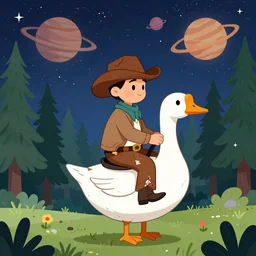 psychedelic, trippy, broken cowboy, riding a goose, pine forest, planets, milky way, cartoon by rob gonsalves