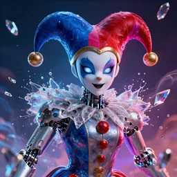 impressive electric fantasy cinematic fine portrait photo of a court jester!! cyborg implant shattered crystal shard volumetric dynamic fluid simulation lighting impressive masterpiece hyper ultra detailed intricate sharp focus 8 k realistic illustration canon eos r 3 fujifilm x - t 3 0 sony alpha, by james gurney tooth wu artgerm colorful!!!, trending on artstation behance cgsociety stunning closeup macro