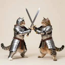 two cats fighting with swords and dressed in armor