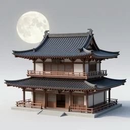 an ancient japanese style building with a full moon in the background, a computer rendering by liam wong, unsplash contest winner, shin hanga, retrowave, anime aesthetic, 2 d game art