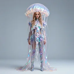 absurd fashion costume that looks like jelly fish with iridescent fabrics on a fish alien model with features of cara delevingne, hyper - realistic, 4 k, octane render,