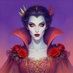portrait of a vampire , fantasy, gradient violet red cyan, dreamy and ethereal, orange eyes, black sclera, golden ratio, peaceful expression, ornate frilly dress, fantasy, intricate, elegant, rainbow spikes, red roses, highly detailed, digital painting, artstation, concept art, smooth,b sharp focus, illustration, art by artgerm and greg rutkowski and alphonse mucha