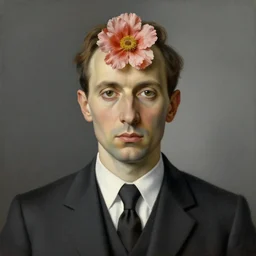 portrait of man in a suit with flower head by rene magritte, detailed painting, hd, hq, high resolution, high detail, 4 k, 8 k