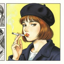 girl with beret smoking a cigarette, colored manga panel, drawn by Anton Fadeev