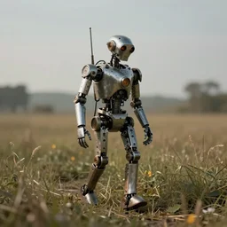 A lonely steampunk robot walking in a field