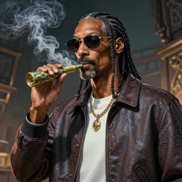 An epic fantasy comic book style portrait painting of Snoop doggy dog smoking a blunt, unreal 5, DAZ, hyperrealistic, octane render, cosplay, RPG portrait, dynamic lighting
