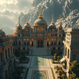 bright ancient palace exterior, extreme opulence, utopia, cinematic, futuristic, realistic, high detail aerial view