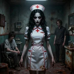 A terrifyingly beautiful demonic nurse inside a psychiatric ward, silent hill atmosphere, Christopher Shy, Ben Templesmith and Dave Rapoza style, rusty, rotten 768