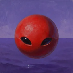 evangelion, red alien sphere like shape, flies over purple sea ocean, detailed, impressionistic, photorealistic by james gurney, michael komarck, greg rutkowski, and j. dickenson