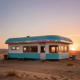 abandoned diner in the desert by jon mccoy, sunset, cinematic, cinematic lighting, photorealistic, hyperdetailed 3 d matte painting, iridescent, deviantart, trending on artstation, concept art