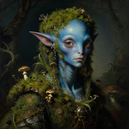 a close - up rococo portrait of an futuristic blue alien elf - like creature covered in moss, mushrooms, and swamp. night time. rich colors, high contast. gloomy, highly detailed 1 8 th century sci - fi fantasy rococo masterpiece painting by jean - honore fragonard, moebius, and johfra bosschart. artstation