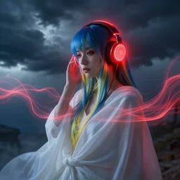 portrait, blue and yellow haired woman wearing headphones, by greg rutkowski, in a cabin, storm clouds, red glow surrounding headphones, glowing headphones, surreal light flowing in the air, ethereal, thomas kinkade, sound waves, powerful zen composition, by takehiko inoue and ross tran, elegant cloth, final fantasy c