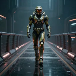 cyberpunk halo character walking on a space bridge, close shot, reflection, epic, dramatic, cinematic, award winning, ultra detailed, realistic