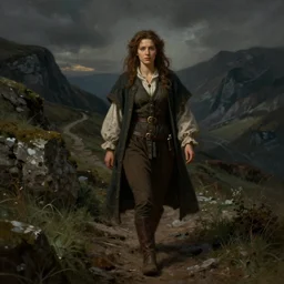 a portrait of a female hobbit on a dark mountain trail, concept art, dndart, fantasy portrait, 4 k, hires, art by lucian freud and and artgerm