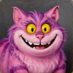 portrait of the cat of cheshire bosch with pink and purple striped fur and a huge malicious smile by hieronymus bosch. oil on wood