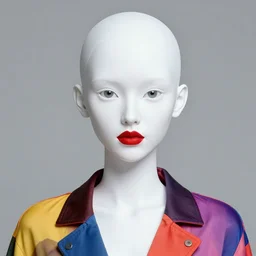 hyperreal digital man with white skin, short hair, big eyes, high nose, red lips, dressed in colorful clothes, fashion model look