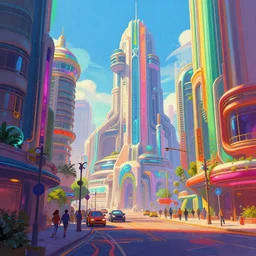 A vibrant, colorful sci-fi digital concept art painting of a street-level view of a utopic art deco city, by greg rutkowski and Santeri Soininen, trending on artstation, highly detailed, matte painting