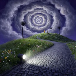 flash light, curled perspective digital art of spiral clouds cobblestone street with wildflowers top of a hill with spiral palmtrees by anton fadeev from nightmare before christmas. horton hears a who!