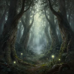 an old elven wood, a view to an eerie fantasy world, glowing orbs, ethereal back light, mist, coherent composition, detailed fantasy painting by artgerm, noriyoshi ohrai, yuumei