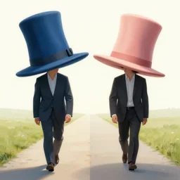 two humans wearing huge, big giant hats, choosing to walk in the path of love and light by adrian ghenie and takato yamamoto and edward hopper and mark ryden and tsutomu nihei, part by bridget riley, acrylic pour and splashing paint, very coherent, baroque elements, perfect anatomy, intricate design. psychedelic colors, pop art.