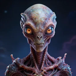 portrait of a space alien, varying detailed fractal skin, meat monstrosity, radioactive eyes, eyes containing big iris, bones piercing, dragon scales, realistic render, detailed, slimy unreal engine, symmetrical!!, cosmic colors lighting, photorealistic, greg rutkowski and ruan jia, octane render,