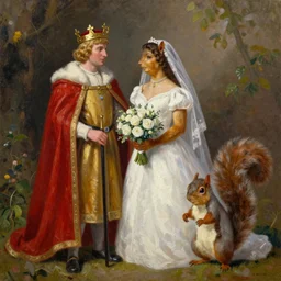 king arthur wearing a crown from arthurian legend getting married to a giant squirrel, simple oil painting
