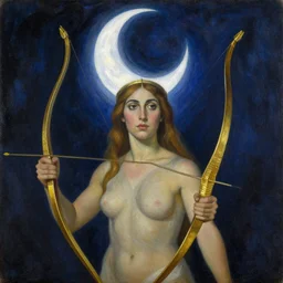 In the name of Artemixel, the modern reincarnation of the old selenium god of hunt and moon (Selene), also known as Artemis, carrying the crown of the crescent moon. Golden bow and arrows surround her. And she is crowned by a bright and slightly bluish crescent like the brightness of the night. Portrait by Remedios Varo, oil on canvas