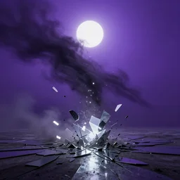 a dark matter wind and dust pieces of purple sky with a white sun falls to the ground and breaks into fragments, metallic light, futurism, schizophrenia, hyperrealistic fall, closed limbo room, the matrix broke into mirror fragments