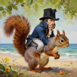 a giant squirrel!!!! carrying napoleon bonaparte on its back, beach scene with flowers and foliage, detailed oil painting