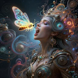 a singing woman with a neon moths coming from emerging from her mouth, 3 d hyperdimensional soul that is singing with cosmic fractals and polyphonic ecstasy, wild entangled vibrating pathways, electricity, intricate substructures, spiralpunk, ultra detailed, intricate details, ornate, hyperrealistic, octane render, chiaroscuro, inspired by carne griffiths & alan lee & james jean & android jones & william morris & ernst haeckel & alphonse mucha, unreal engine render, octane render