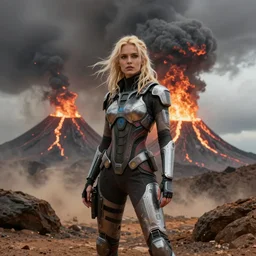 volcano eruption post apocalyptic scene with a blonde sexy cyber girl futuristic mars mad max stormy weather