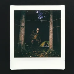 night time picture of terrifying woodland creature, polaroid photos, tra camera photo, strange creatures hiding in the woods, people in a tent afraid, no sun, no dof