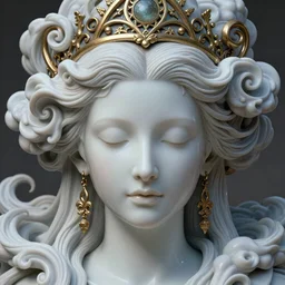 detailed realistic face portrait octane render, artwork by james jean, chiara bautista, smooth polished matte porcelain, queen of futility, jean delville, art nouveau, james jean spiraling clouds, ornate metal gothic icon heavy patina, joy, delicate, enchanting, otherworldly, whimsical, ethereal, mythology, magical