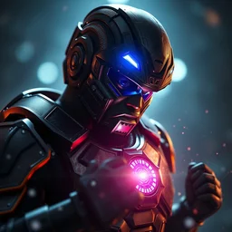 kanye west as megaman in gears of war, superhero, splash art, movie still, cinematic lighting, ray tracing, octane render, long lens, shallow depth of field, bokeh, anamorphic lens flare, 8 k, hyper detailed, 3 5 mm film grain