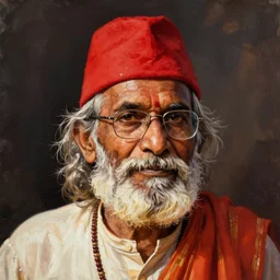 a painting of an old indian man with a red hat, beard, and glasses.