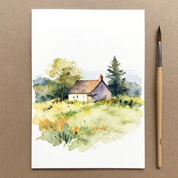 small centered on watercolor paper, paint brush strokes, abstract watercolor painting. cottage on a hill, hyper real painting by weta chiara bautista karl kopinski kim jung giu and weta studio, and lucasfilm and jesper ejsing and norman rockwell greg rutkowski frank frazzeta