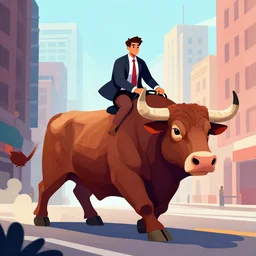 a business man riding a giant bull in the city, digital art, illustration
