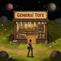 in front of a [ [ [ general store ] ] ] in a remote outpost, on an alien planet, from a space themed point and click 2 d graphic adventure game, set design inspired slightly by tomb raider, art inspired by [ [ thomas kinkade ] ] and mark keathley